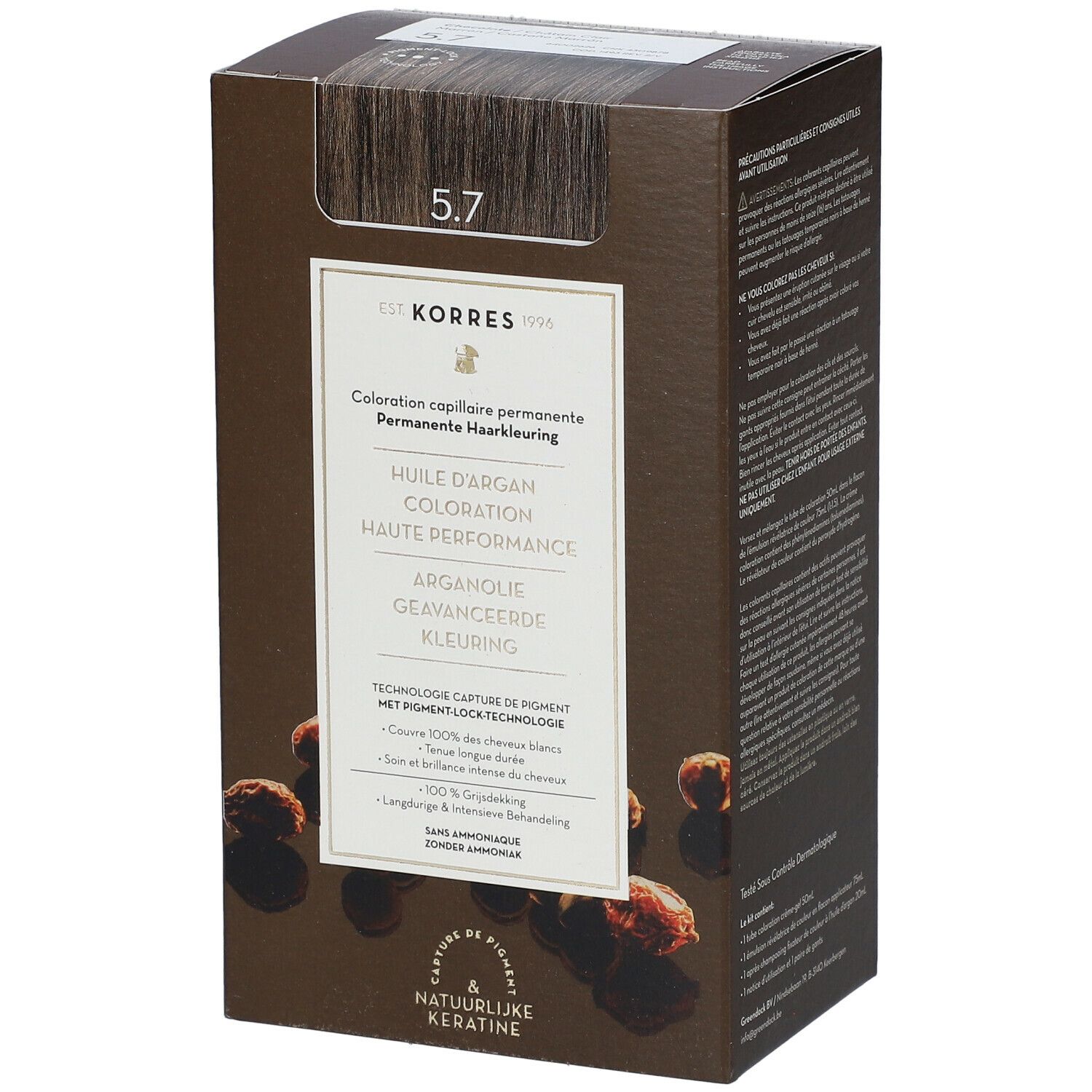 Boîte de coloration capillaire KORRES 5.7. Avant avec nom du produit et ingrédients.