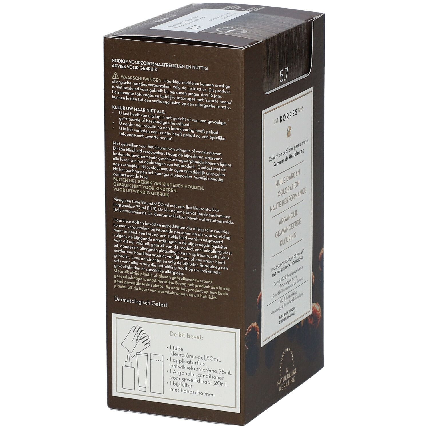 Dos de la boîte de coloration capillaire KORRES. Texte avec avertissements et ingrédients.