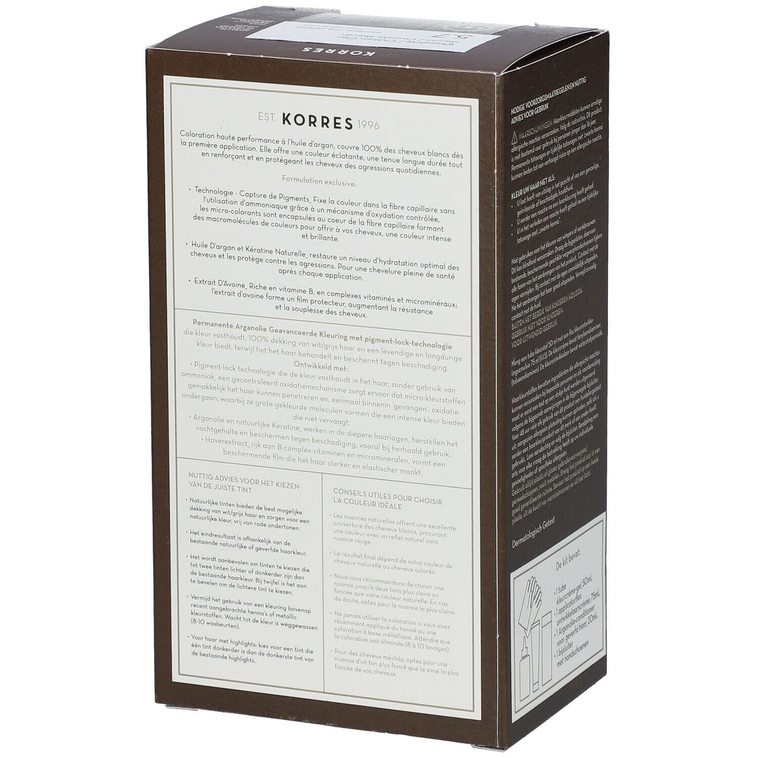 Dos de la boîte de coloration capillaire KORRES. Texte avec ingrédients et instructions.