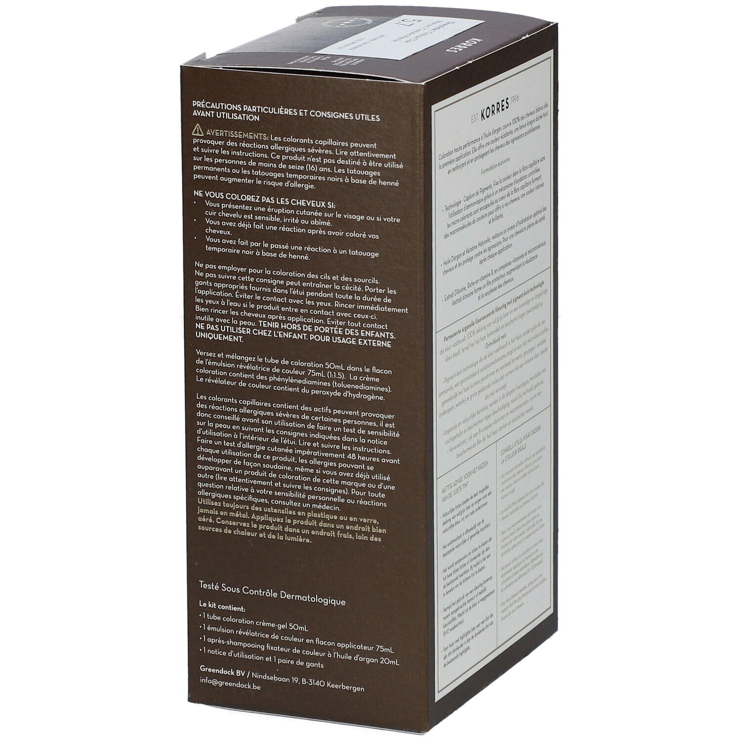 Dos de la boîte de coloration capillaire KORRES. Texte avec précautions et instructions.