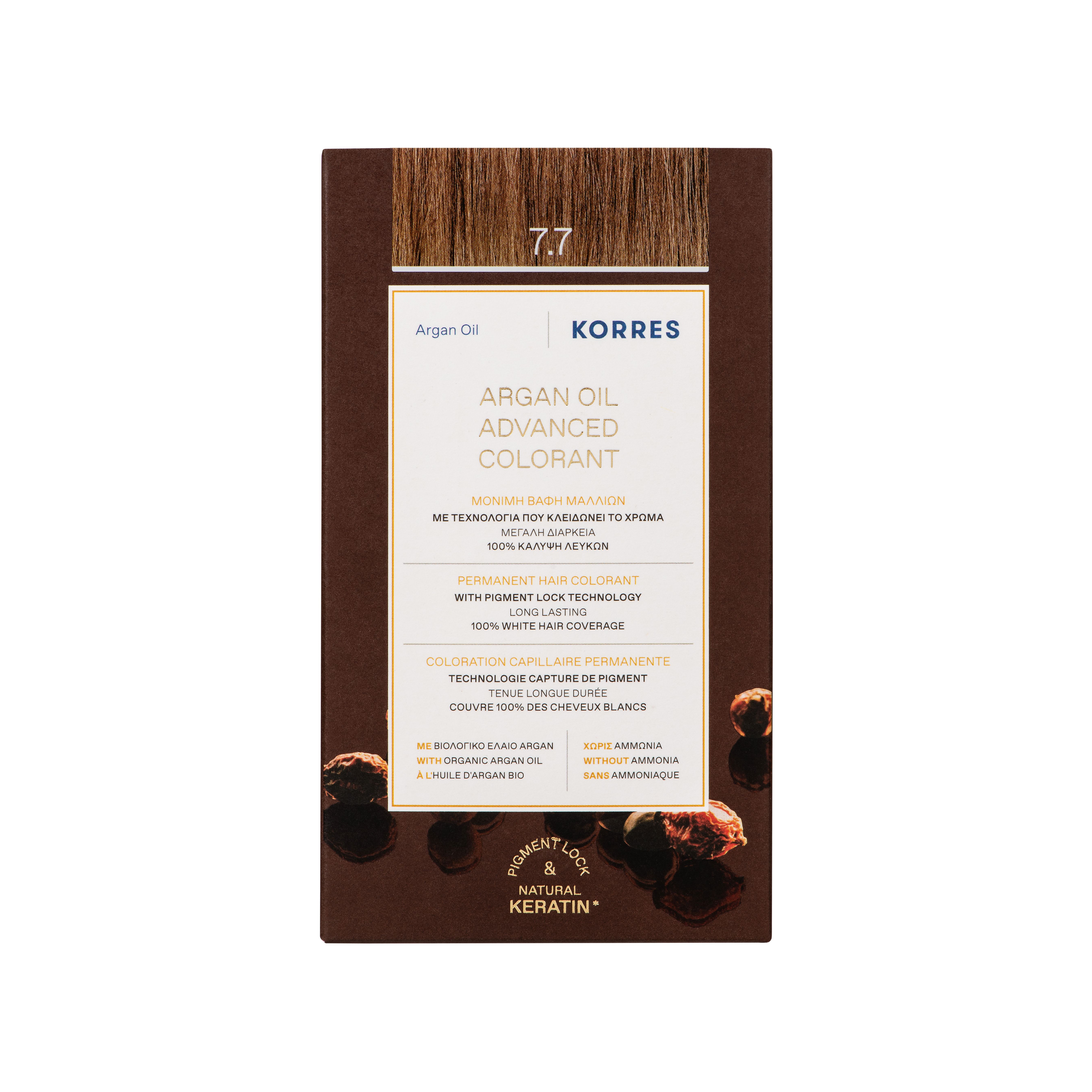 Korres Argan Oil Advanced Colorant 7.7 Mocha. Kartonnen verpakking met productnaam en details. Bevat arganolie en keratine.