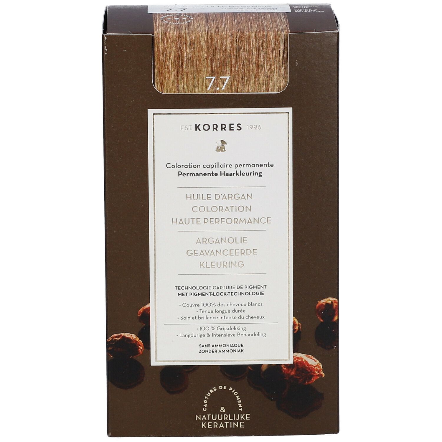 Korres haarkleuring 7.7 Mocha. Bruine verpakking met afbeelding en tekst. Bevat arganolie en keratine.