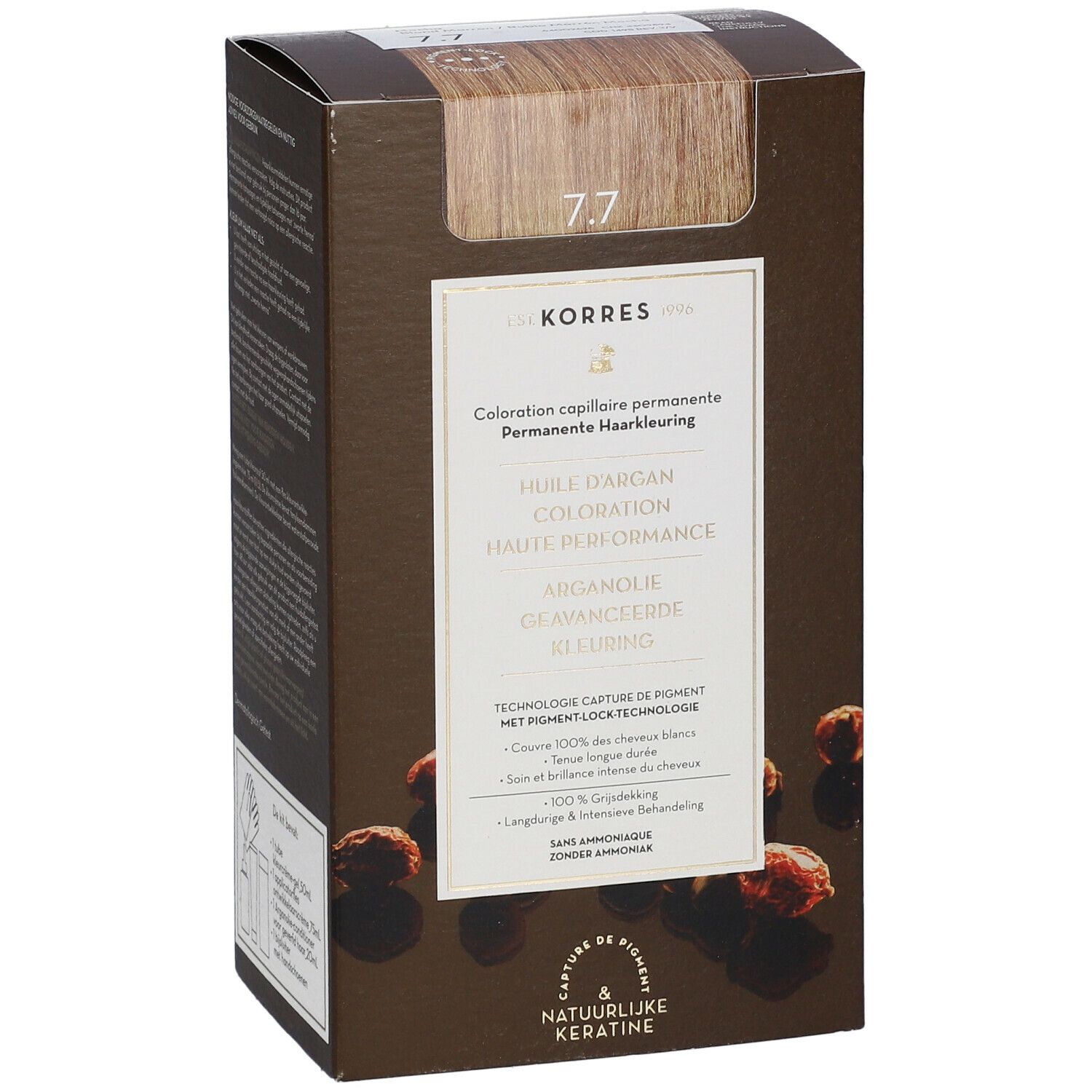 Korres haarkleuring 7.7 Mocha. Bruine verpakking met afbeelding en tekst. Bevat arganolie en keratine.
