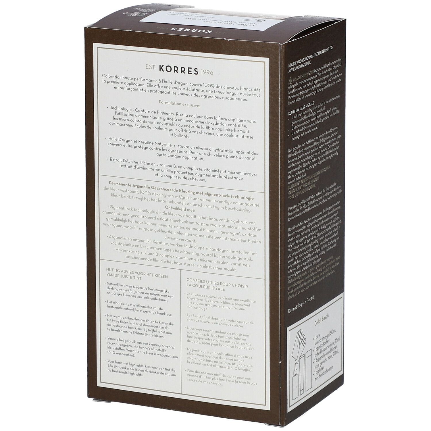 Achterkant van de Korres haarkleurverpakking. Tekst in meerdere talen. Productinformatie en ingrediënten.