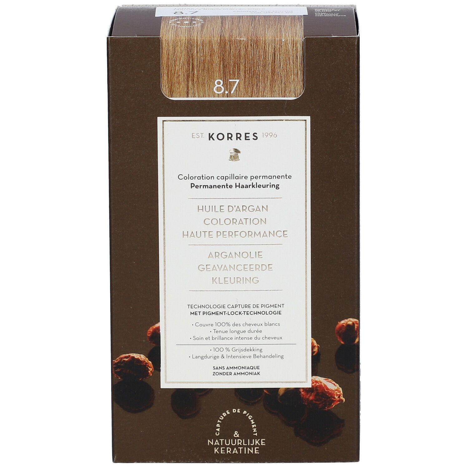 Korres haarkleuring 8.7 Toffee. Bruine verpakking met productafbeelding en tekst. Kleurstaal bovenaan.