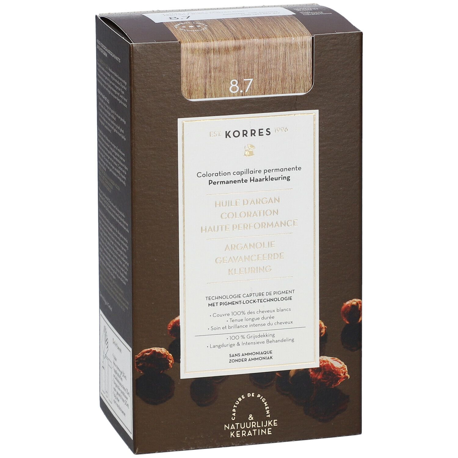 Korres haarkleuring 8.7 Toffee. Bruine verpakking met productafbeelding en tekst. Kleurstaal bovenaan.