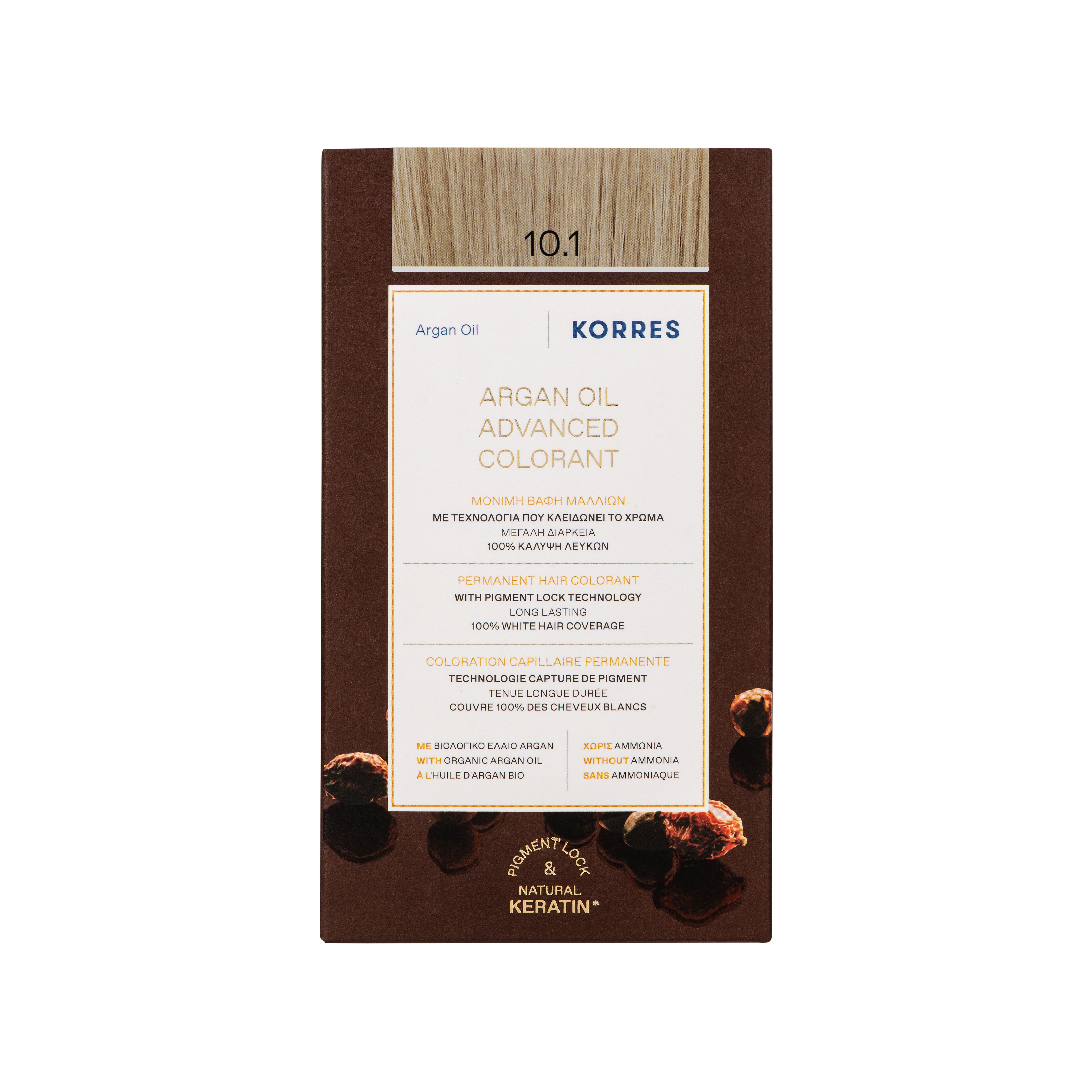 Voorkant van de productverpakking. Opschrift: KORRES, Argan Oil, Advanced Colorant, 10.1. Bevat informatie over dekking.