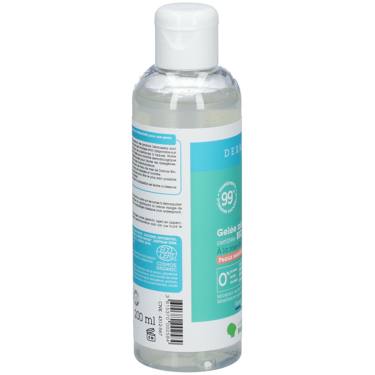 Vue arrière d'un flacon transparent avec bouchon blanc. Étiquette avec informations produit et certifications. Marque: DermAsens.