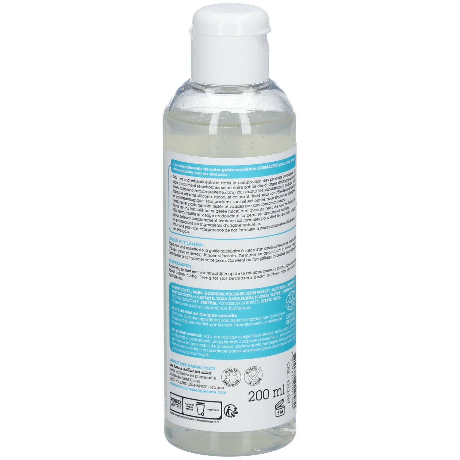 Vue arrière d'un flacon transparent avec bouchon blanc. Étiquette avec informations produit et certifications. Marque: DermAsens.