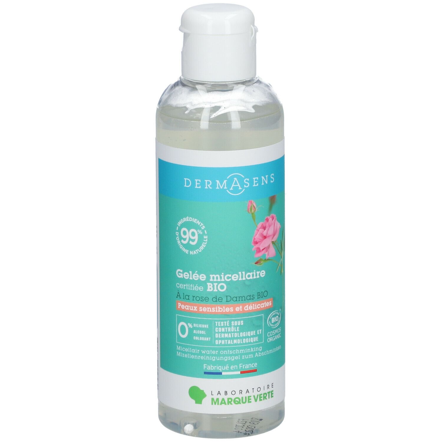Flacon transparent avec bouchon blanc. Étiquette avec nom du produit, rose et certifications. Marque: DermAsens.