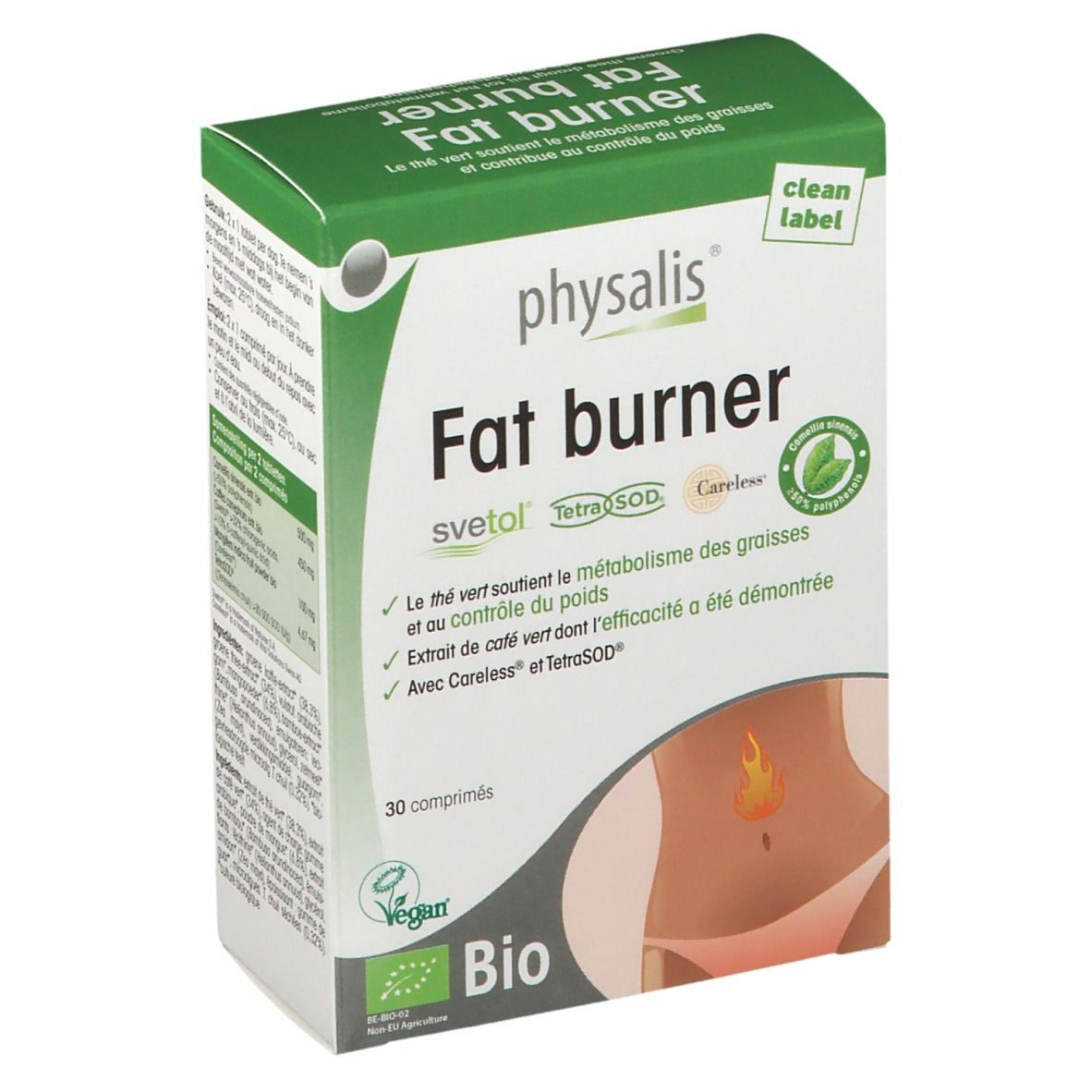 Verpakking "Fat burner" met 30 tabletten. Bio- en Vegan-logo. Groen en witte kleuren.