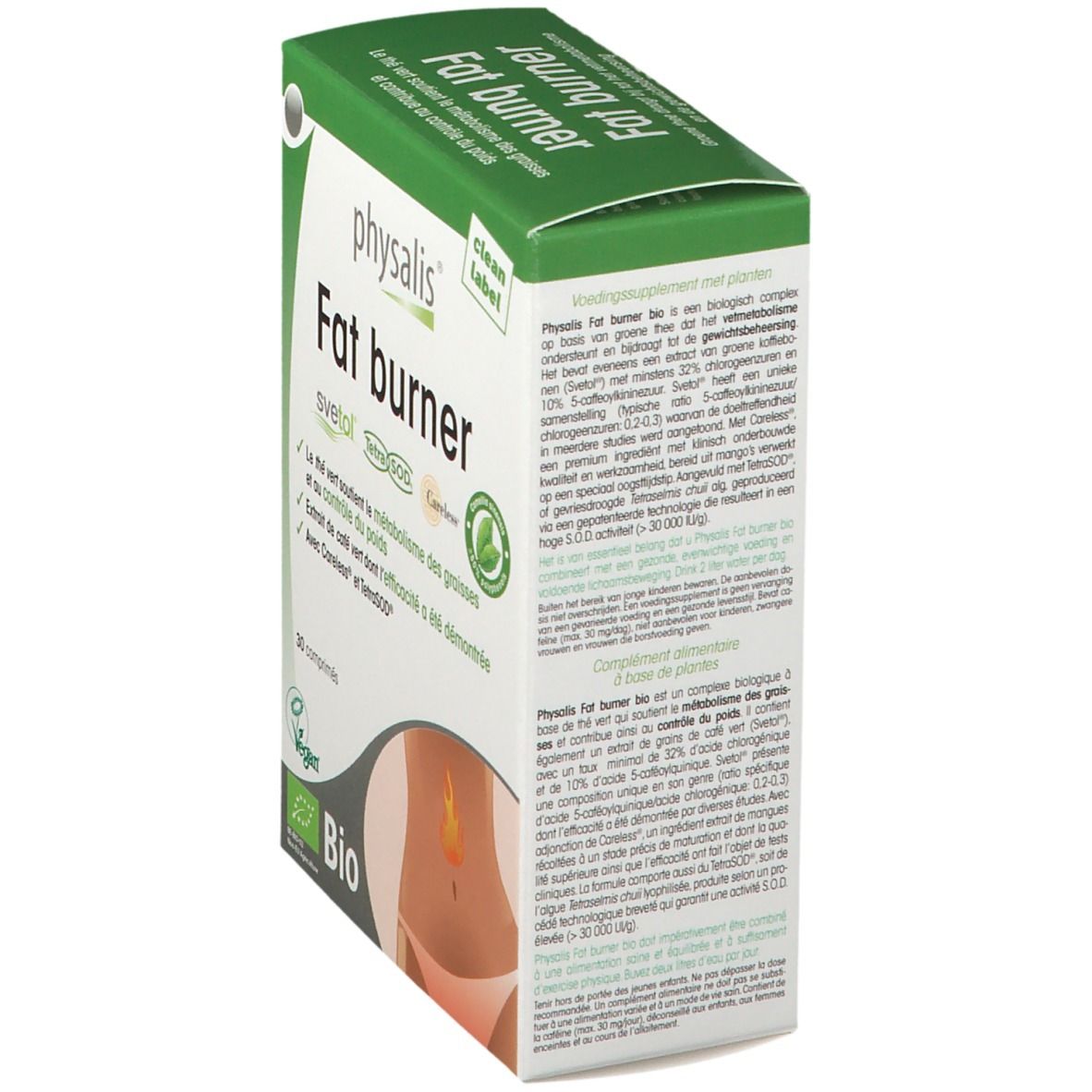 Schuine weergave van de "Fat burner"-verpakking. Tekst op de zijkant. Bio- en Vegan-logo. Groen en witte kleuren.