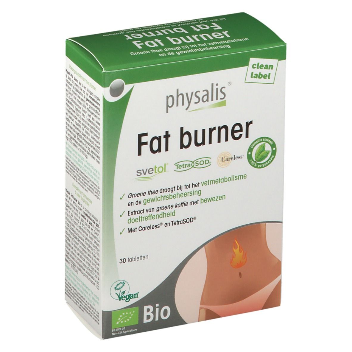 Verpakking "Fat burner" met 30 tabletten. Bio- en Vegan-logo. Groen en witte kleuren. Tekst in het Duits.