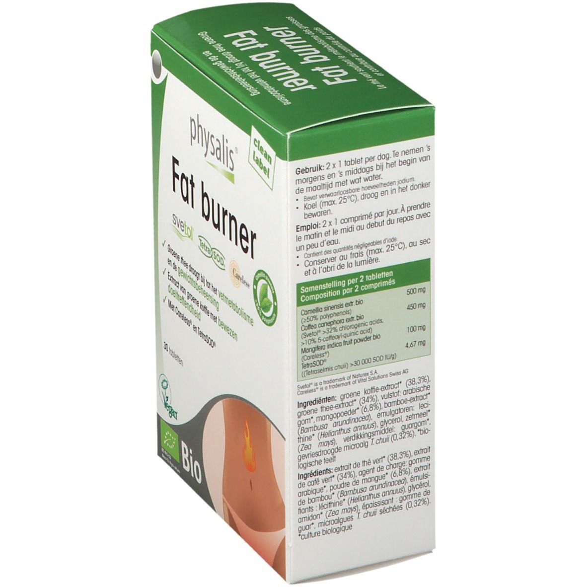 Schuine weergave van de "Fat burner"-verpakking. Tekst op de zijkant. Bio- en Vegan-logo. Groen en witte kleuren.