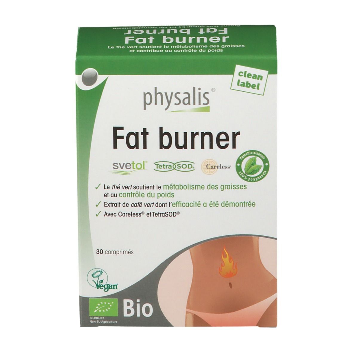 Verpakking "Fat burner" met 30 tabletten. Bio- en Vegan-logo. Groen en witte kleuren.