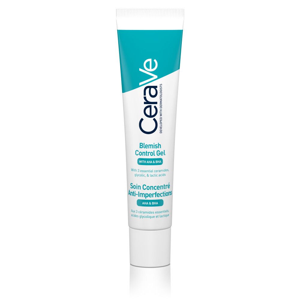 CeraVe Blemish Control Gel tube. Witte en turquoise tube met productinfo.