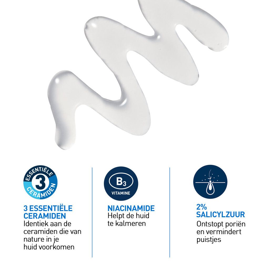 Ingrediënten: 3 ceramiden, vitamine B3, 2% salicylzuur. Tekst en iconen.