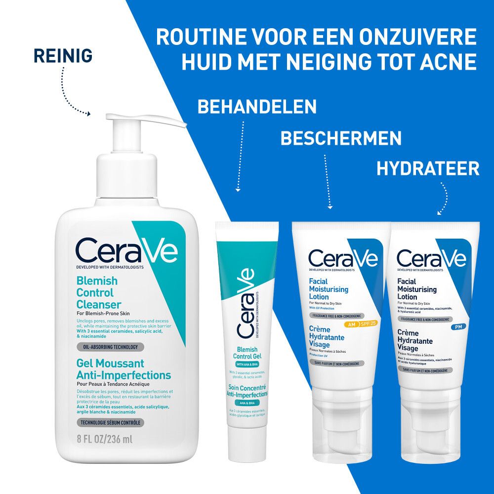 Routine voor de huid met acne. Reinigen, behandelen, beschermen, hydrateren.