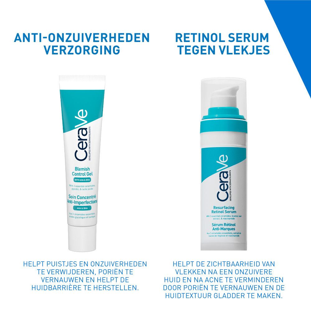 Vergelijking: anti-onzuiverhedenverzorging en retinolserum. Producten naast elkaar.