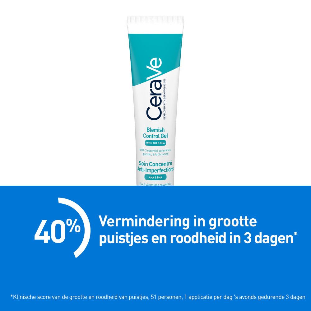 Producttube. Vermindert puistjes en roodheid in 3 dagen. Tekst en grafiek.