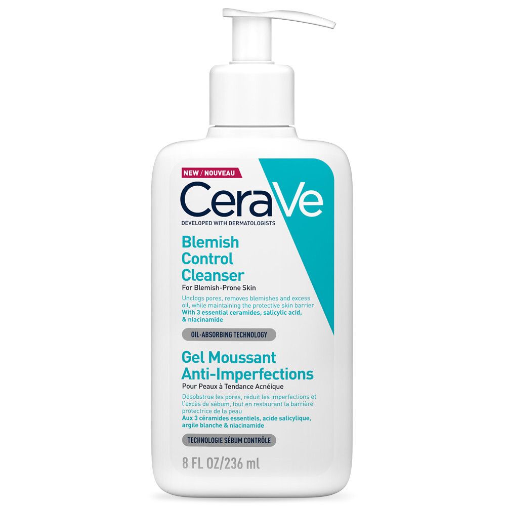 Flacon blanc avec pompe. Inscription: CeraVe Blemish Control Cleanser. 236 ml.
