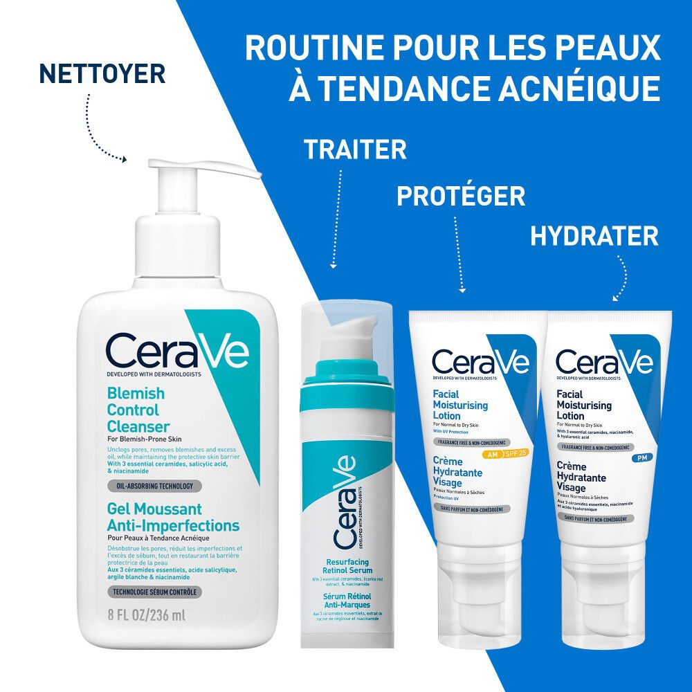 Gamme de produits: CeraVe Blemish Control Cleanser, sérum, hydratants.
