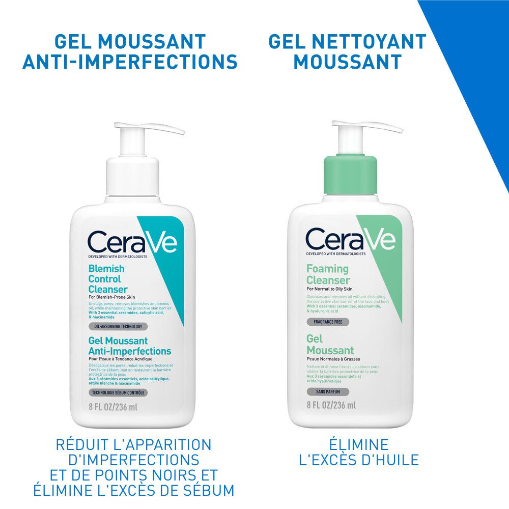 Deux flacons: CeraVe Blemish Control Cleanser et Foaming Cleanser.