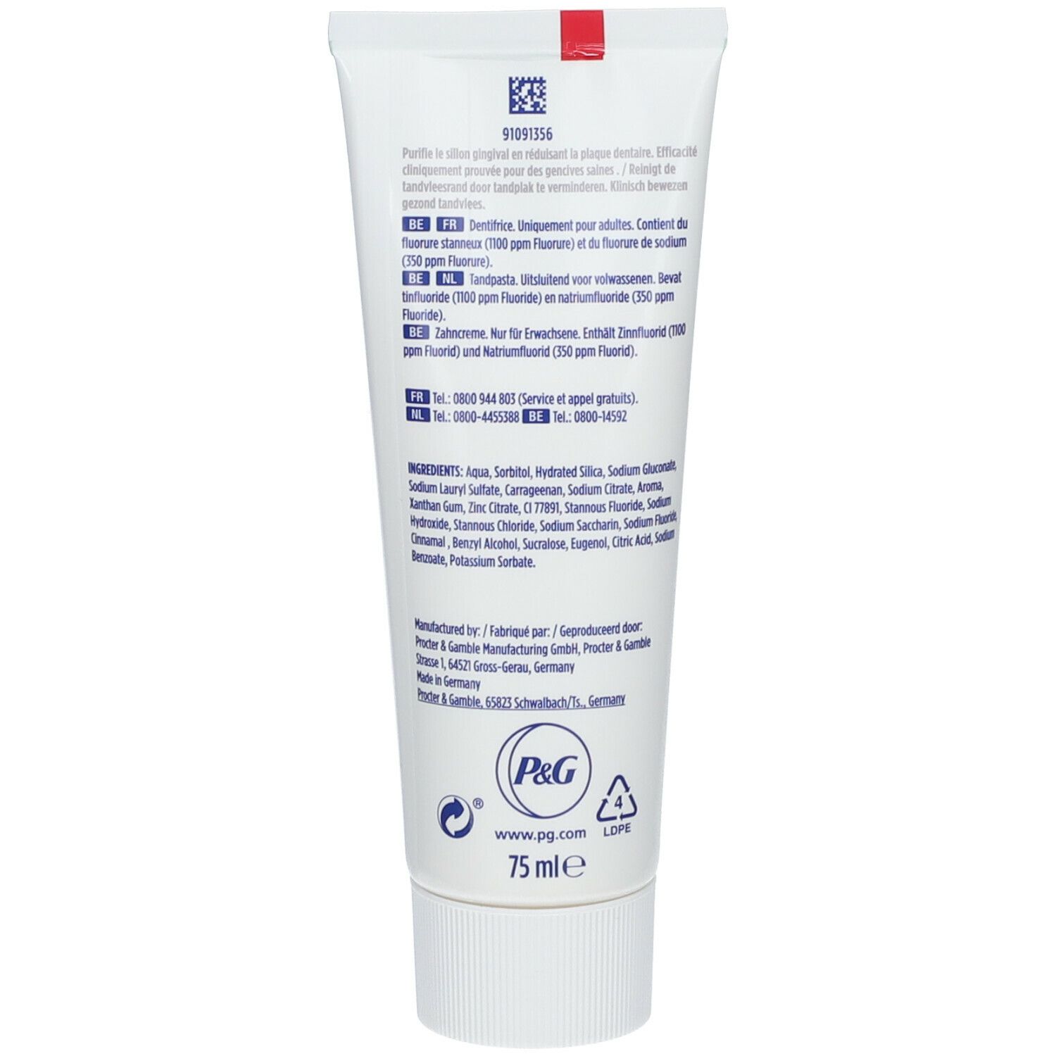 Rückseite einer weißen Zahnpastatube. Enthält Informationen zu Inhaltsstoffen, Hersteller und Kontaktinformationen. 75 ml.