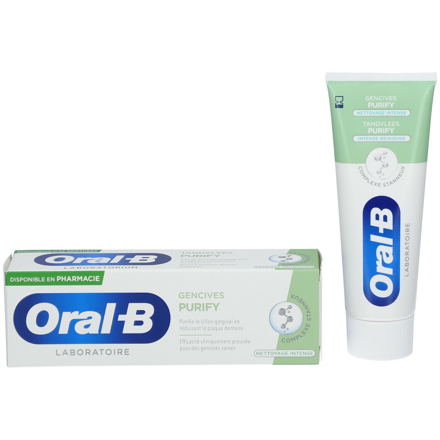 Zahnpasta-Tube und -Schachtel. Tube: weiß, grün, Oral-B. Schachtel: weiß, grün, Oral-B, Produktname: GENCIVES PURIFY. Aufschrift in Französisch.