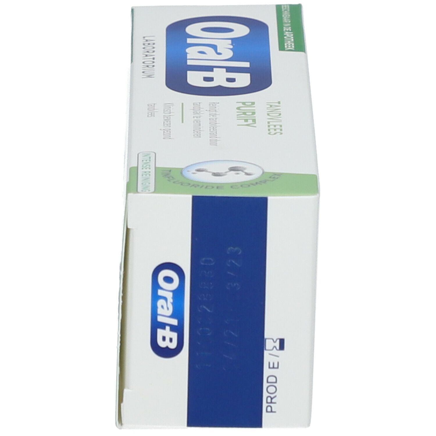 Zahnpasta-Schachtel, weiß und grün. Marke: Oral-B. Produktname: GENCIVES PURIFY. Text in Französisch und Produktionsdatum.