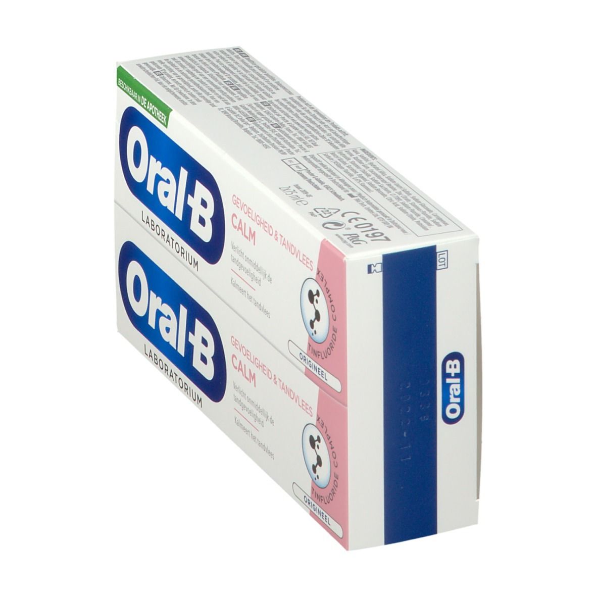 Schachtel mit zwei Zahnpasta-Tuben. Blaue und weiße Verpackung mit Logo und Produktinformationen. Rosa Akzente.