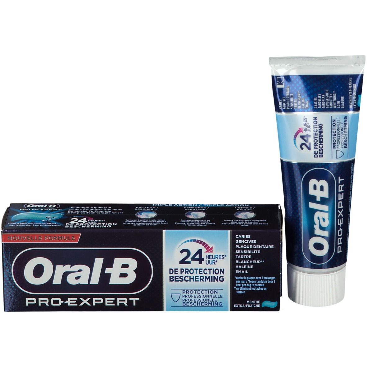 Zahnpasta-Tube und Schachtel. Aufschrift: Oral-B Pro-Expert, 24 Stunden Schutz. Extra-Frische.