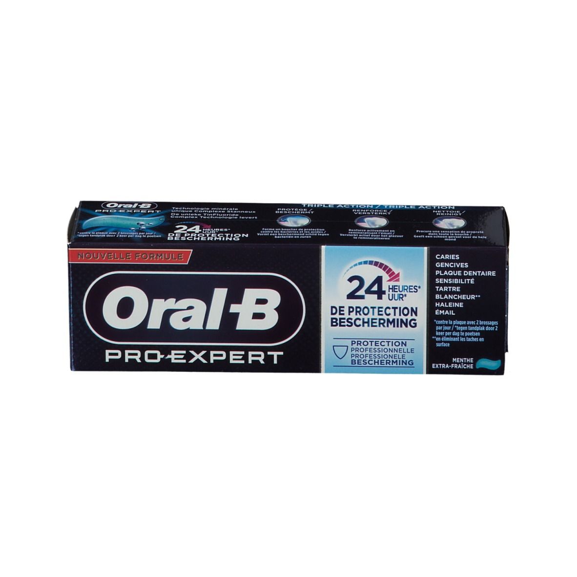 Schachtel Oral-B Pro-Expert Zahnpasta. Aufschrift: 24 Stunden Schutz. Neue Formel.