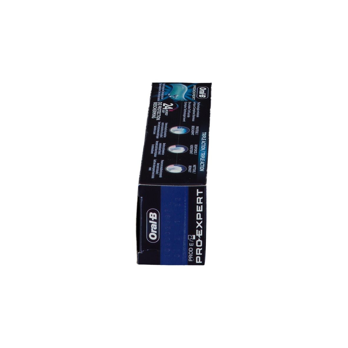 Schachtel Oral-B Pro-Expert Zahnpasta. Aufschrift: 24 Stunden Schutz. Seite mit Produktinformationen.