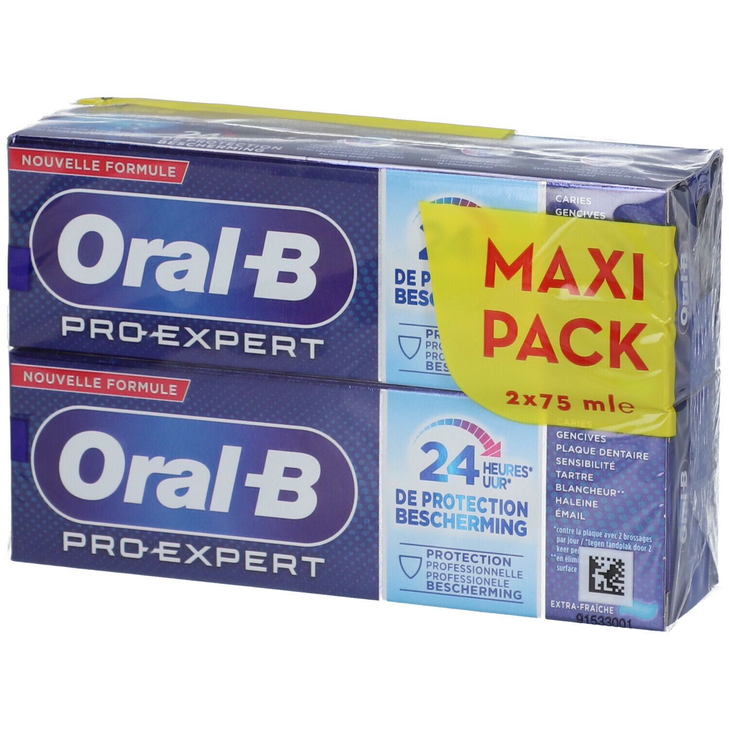 Tandpasta verpakking met twee tubes. Blauwe verpakking met witte tekst. "Oral-B Pro-Expert" en "Maxi Pack" zijn zichtbaar.