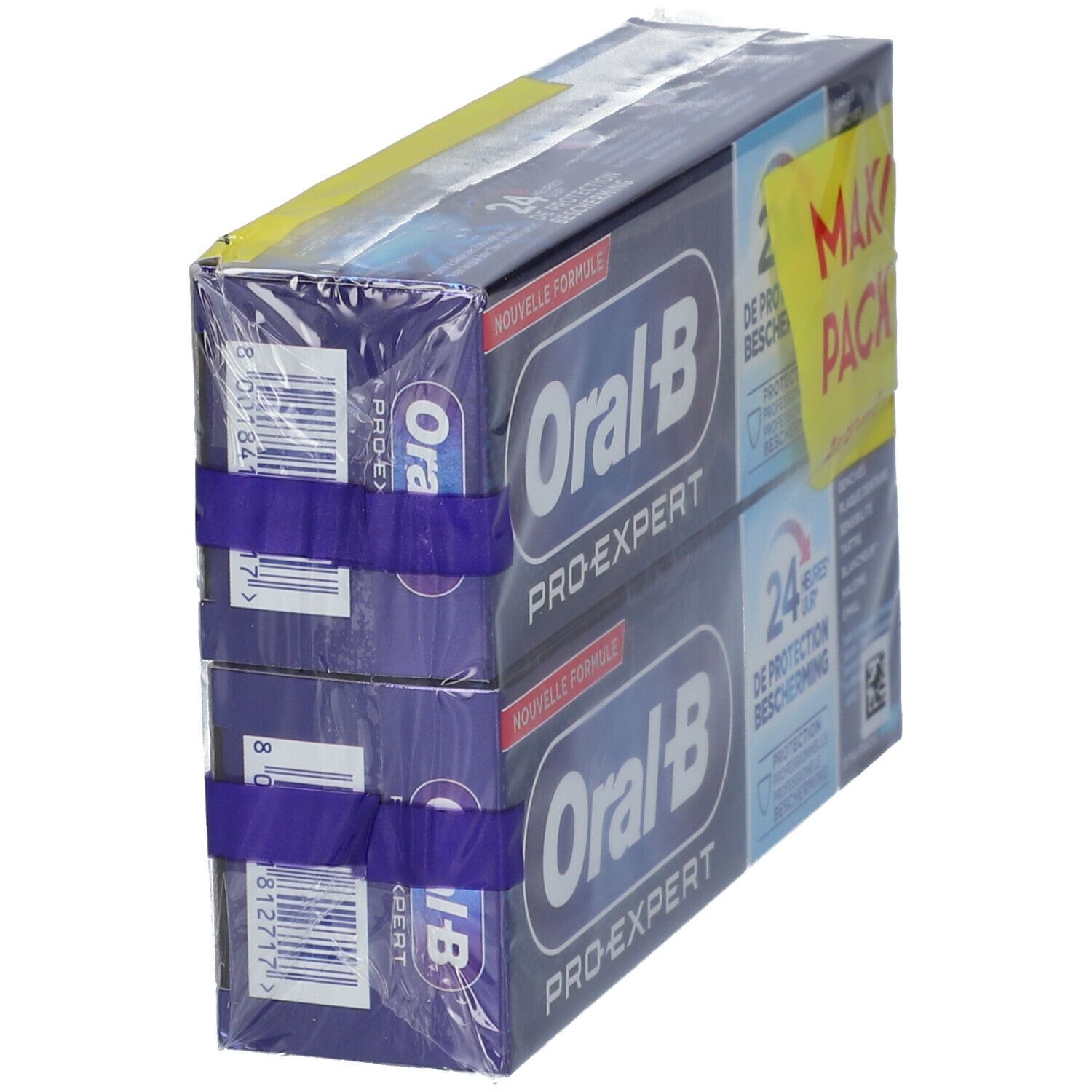 Tandpasta verpakking, schuin. Twee tubes in blauwe verpakking. "Oral-B Pro-Expert" is zichtbaar. Vastgezet met paarse elastiekjes.