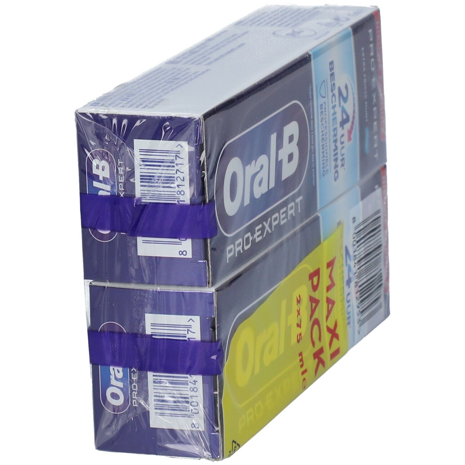 Tandpasta verpakking, schuin. Twee tubes in blauwe verpakking. "Oral-B Pro-Expert" is zichtbaar. Vastgezet met paarse elastiekjes.