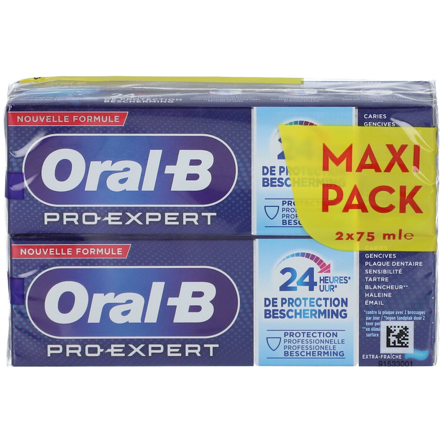 Tandpasta verpakking met twee tubes. Blauwe verpakking met witte tekst. "Oral-B Pro-Expert" en "Maxi Pack" zijn zichtbaar.