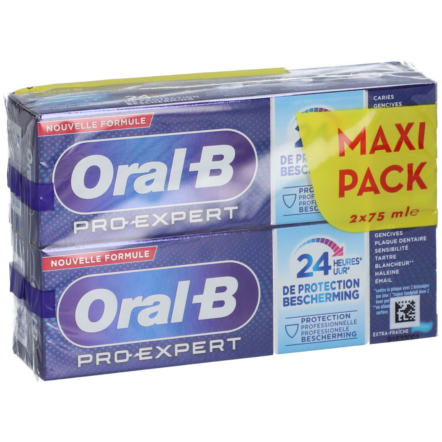 Tandpasta verpakking met twee tubes. Blauwe verpakking met witte tekst. "Oral-B Pro-Expert" en "Maxi Pack" zijn zichtbaar.