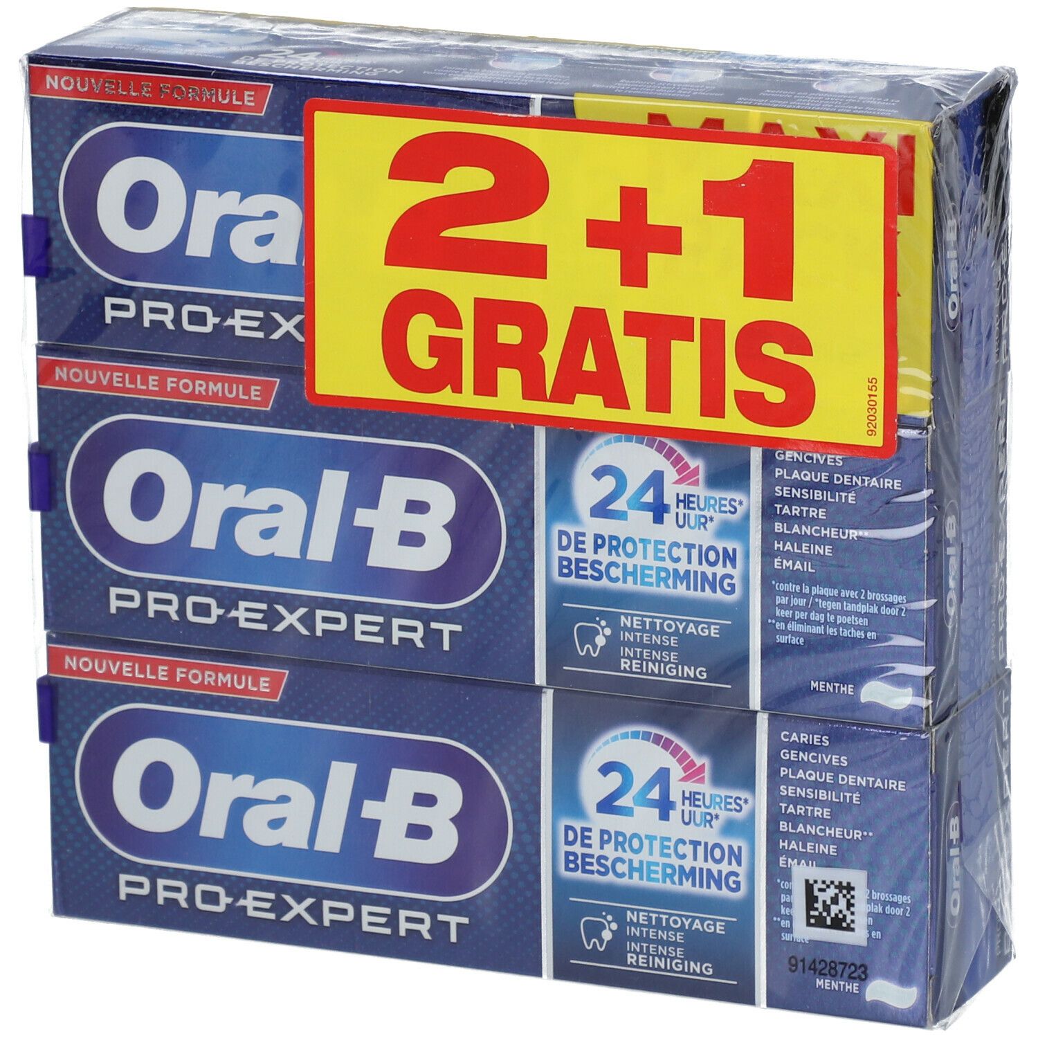 Verpakking met drie tubes Oral-B Pro-Expert tandpasta. Sticker met "2+1 GRATIS". Verpakt in folie.