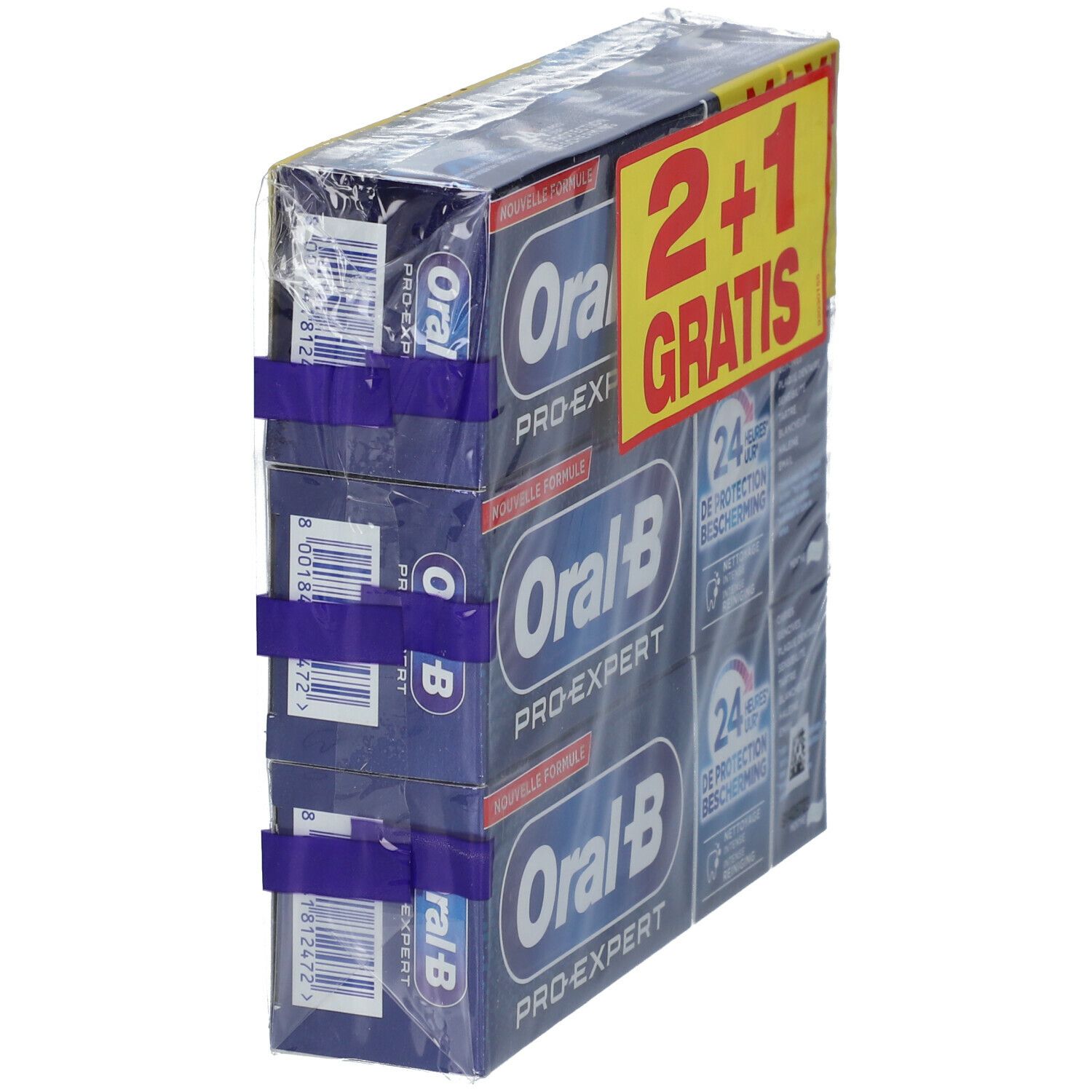 Verpakking met drie tubes Oral-B Pro-Expert tandpasta, verpakt in folie. Sticker "2+1 GRATIS".