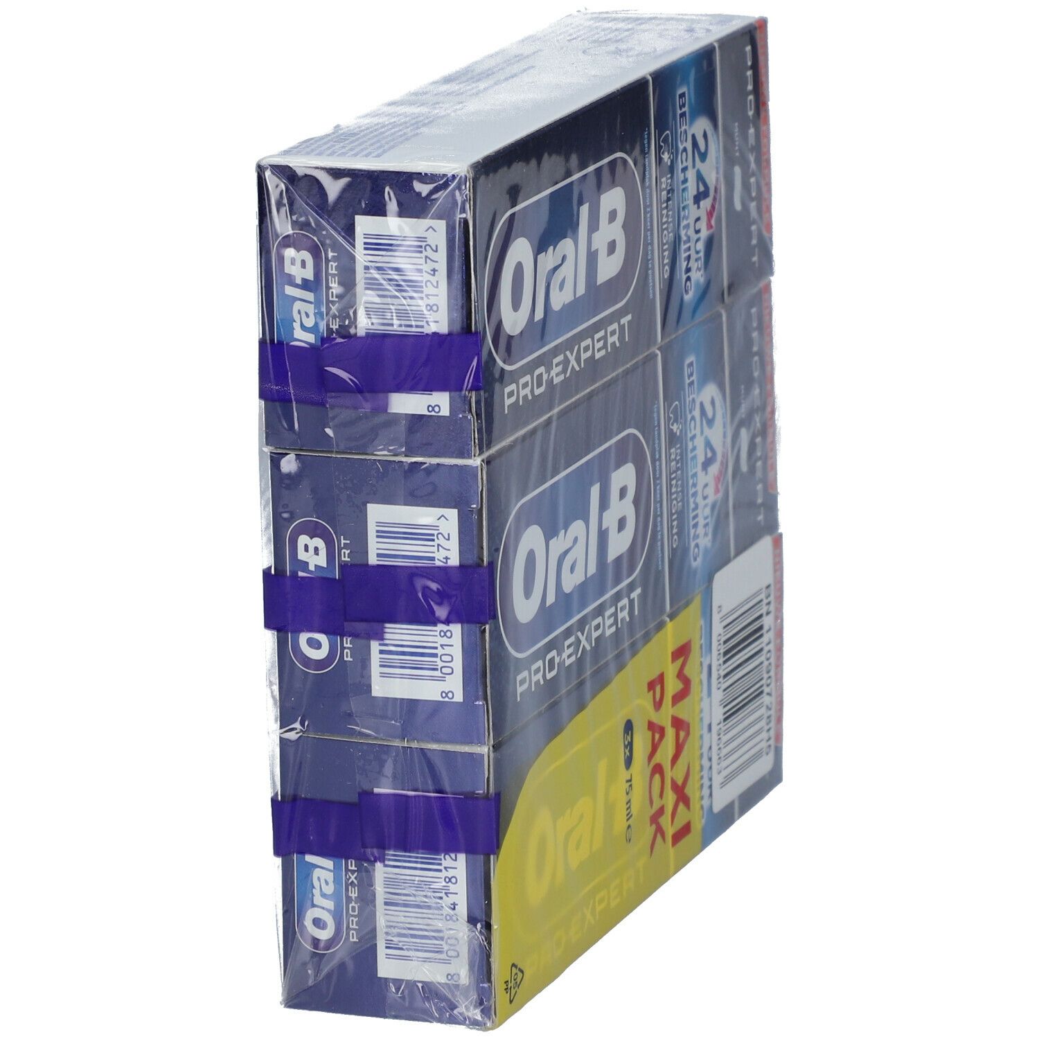 Verpakking met drie tubes Oral-B Pro-Expert tandpasta, verpakt in folie. Sticker "MAXI PACK".