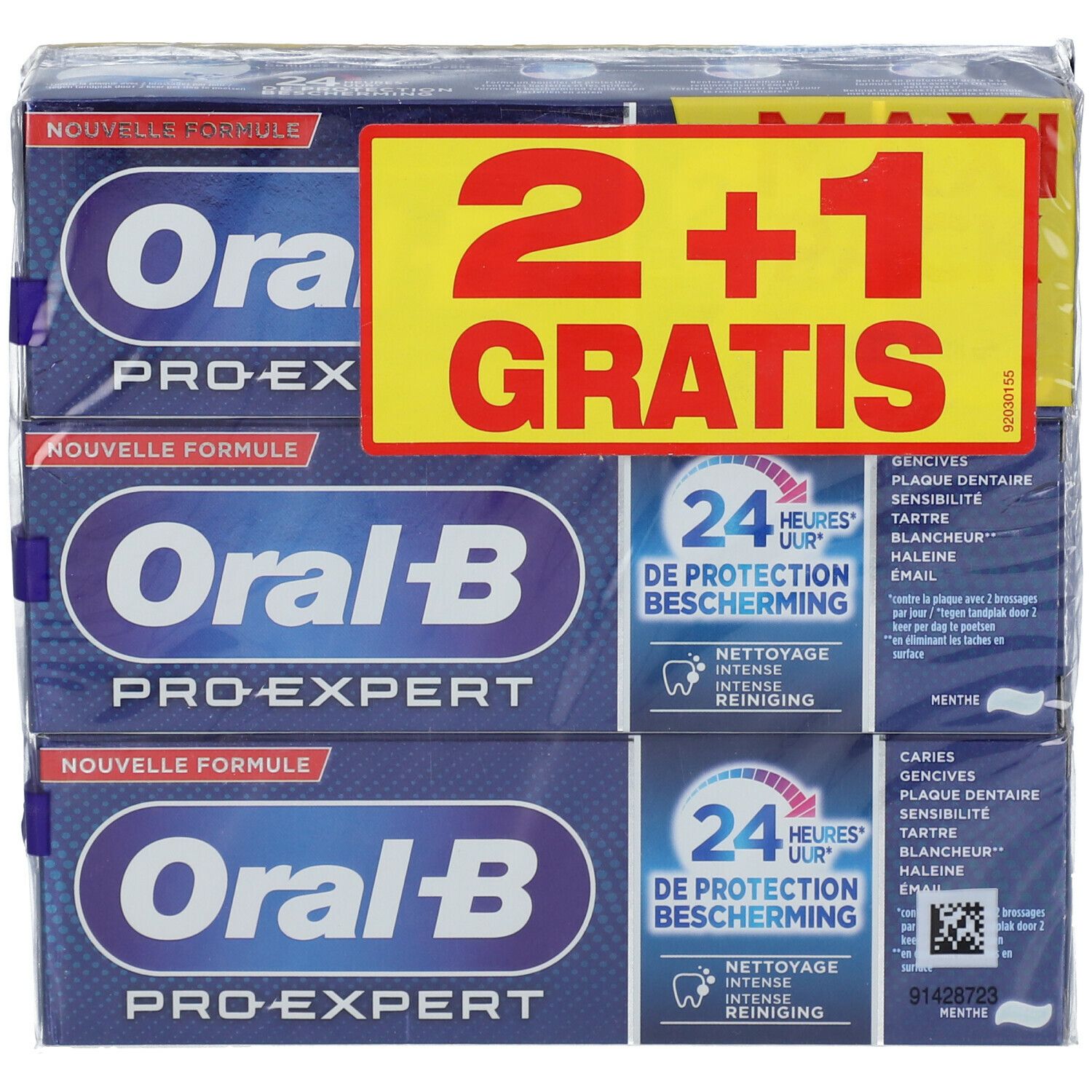 Verpakking met drie tubes Oral-B Pro-Expert tandpasta. Sticker met "2+1 GRATIS". Verpakt in folie.