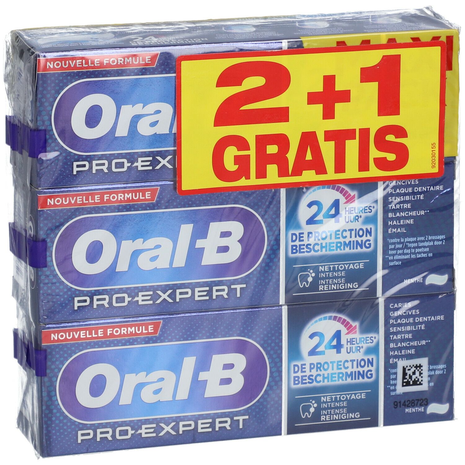Verpakking met drie tubes Oral-B Pro-Expert tandpasta. Sticker met "2+1 GRATIS". Verpakt in folie.