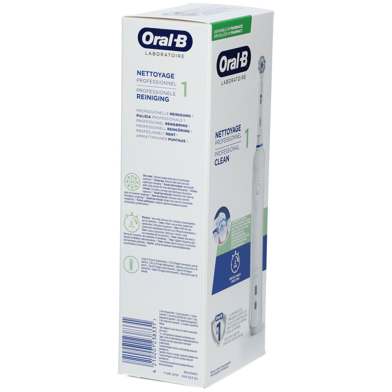 Verpakking van de Oral-B Laboratoire Nettoyage Professionnel 1 tandenborstel. Achterkant met tekst en logo's. Barcode en productafbeelding.