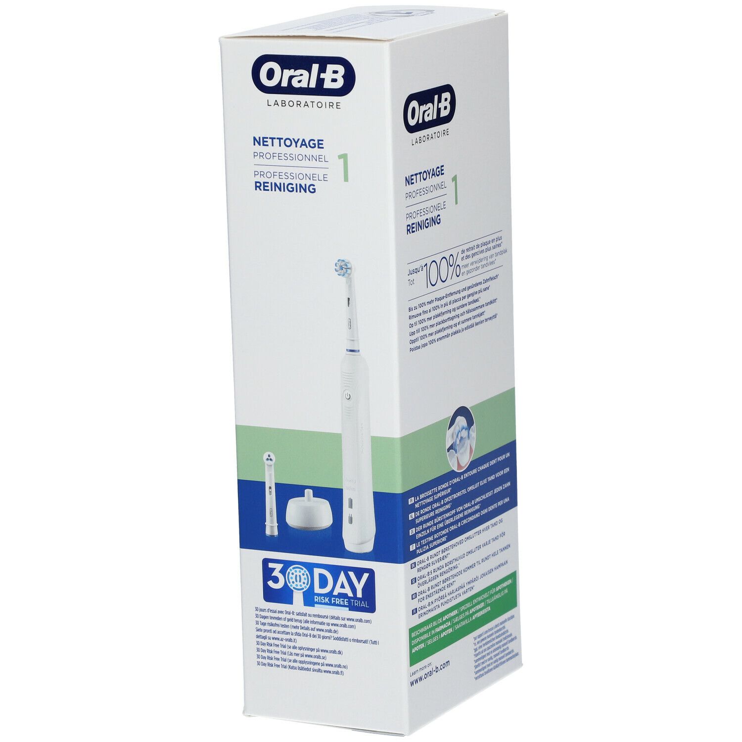 Verpakking van de Oral-B Laboratoire Nettoyage Professionnel 1 tandenborstel. Zijkant met productafbeelding en logo's. 30 dagen test logo.