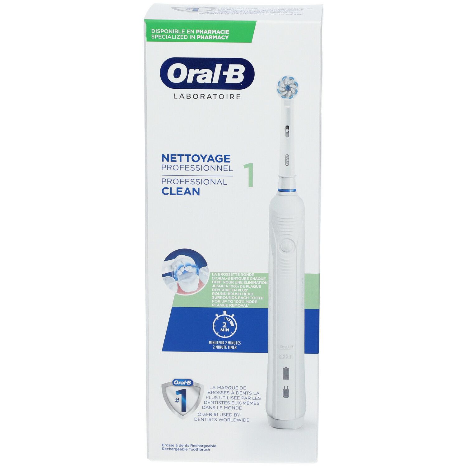 Tandenborstel in verpakking. Merk Oral-B Laboratoire. Opschrift: Nettoyage Professionnel 1. Verpakking met productafbeelding en logo's.