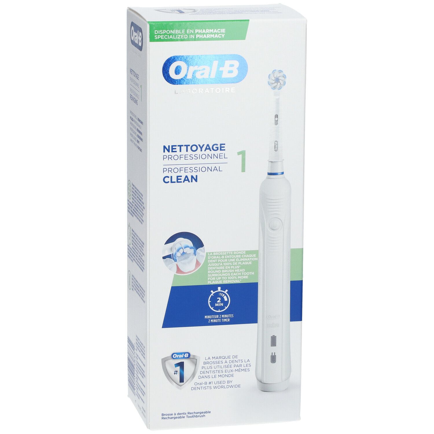 Tandenborstel in verpakking. Merk Oral-B Laboratoire. Opschrift: Nettoyage Professionnel 1. Verpakking met productafbeelding en logo's.