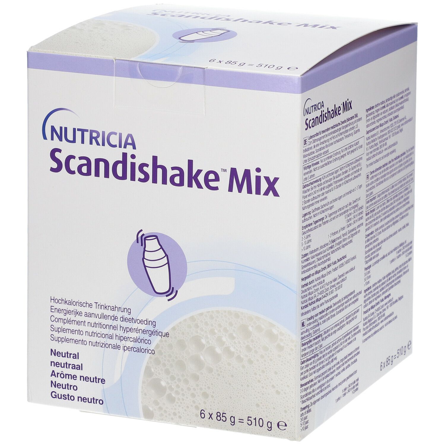 Boîte de Scandishake Mix Neutre. Contient 6 sachets de 85g. Inscriptions multilingues. Marque Nutricia.