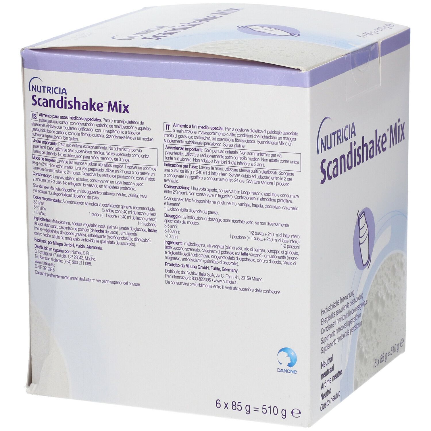Boîte de Scandishake Mix Neutre. Contient 6 sachets de 85g. Texte en plusieurs langues. Marque Nutricia.